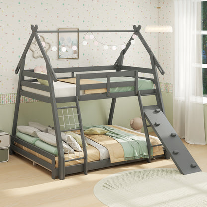 Twin Over Queen Bunk Bed Wooden Kids Bed with Climbing Nets and Ramp, Gray Toddler Beds at Gallery Canada