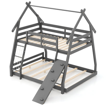 Twin Over Queen Bunk Bed Wooden Kids Bed with Climbing Nets and Ramp, Gray Toddler Beds at Gallery Canada