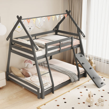 Twin Over Queen Bunk Bed Wooden Kids Bed with Climbing Nets and Ramp, Gray Toddler Beds at Gallery Canada