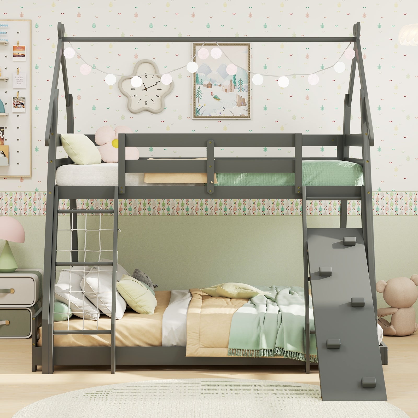 Twin Over Queen Bunk Bed Wooden Kids Bed with Climbing Nets and Ramp, Gray Toddler Beds at Gallery Canada