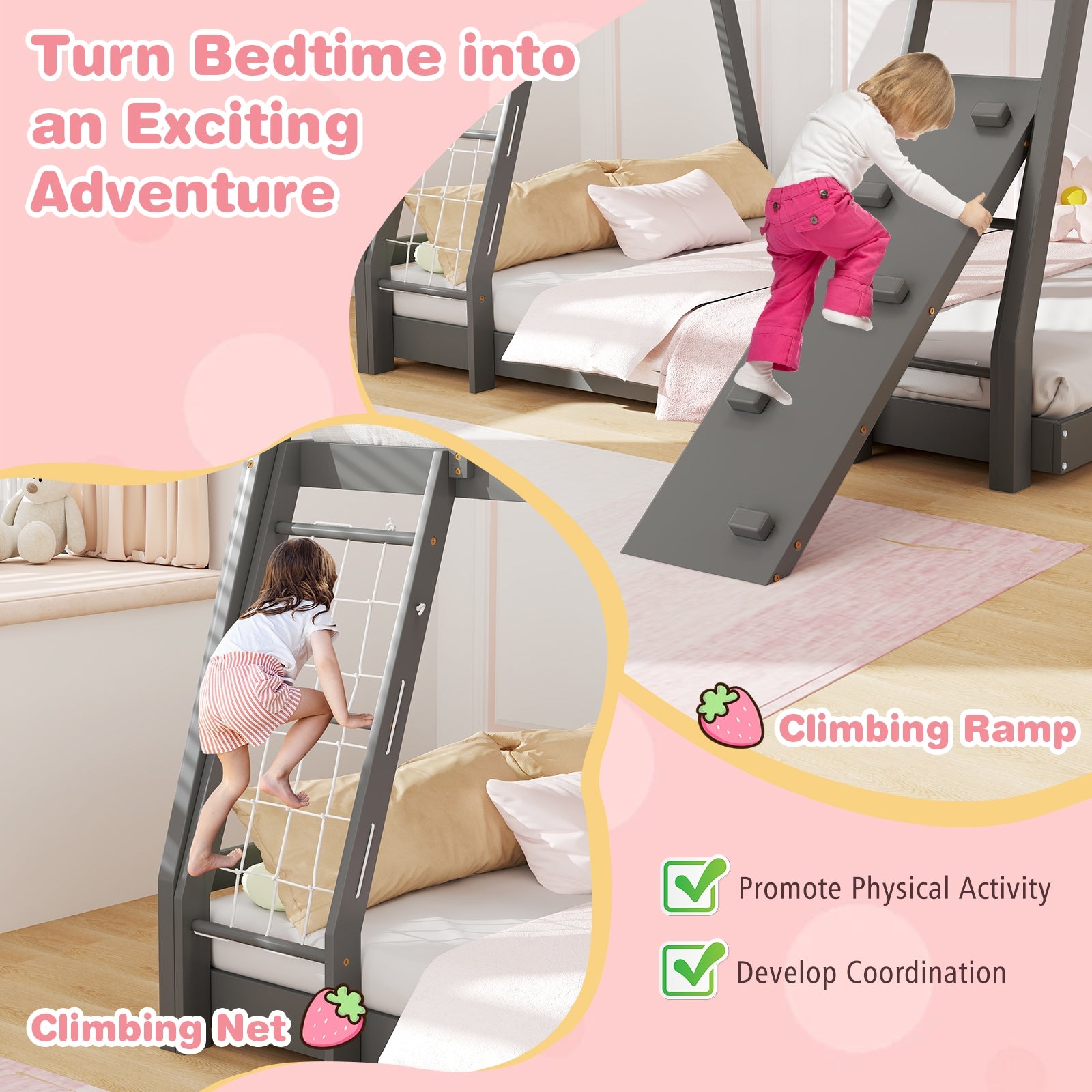 Twin Over Queen Bunk Bed Wooden Kids Bed with Climbing Nets and Ramp, Gray Toddler Beds at Gallery Canada