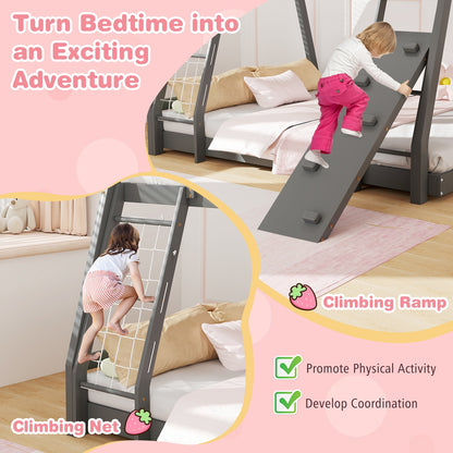 Twin Over Queen Bunk Bed Wooden Kids Bed with Climbing Nets and Ramp, Gray Toddler Beds at Gallery Canada