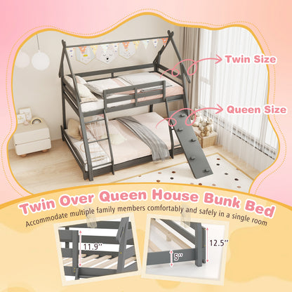 Twin Over Queen Bunk Bed Wooden Kids Bed with Climbing Nets and Ramp, Gray Toddler Beds at Gallery Canada