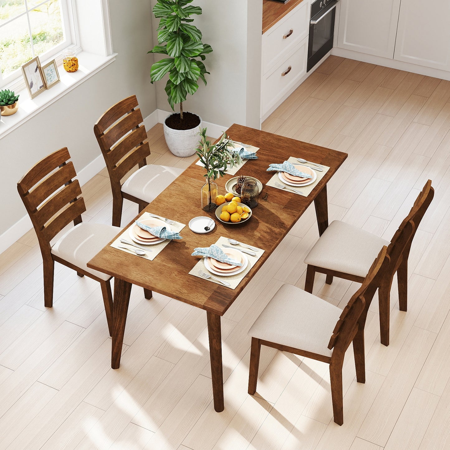 Dining Chair Set of 2 with Slatted High Backrest and Rubber Wood Legs, Brown Dining Chairs at Gallery Canada