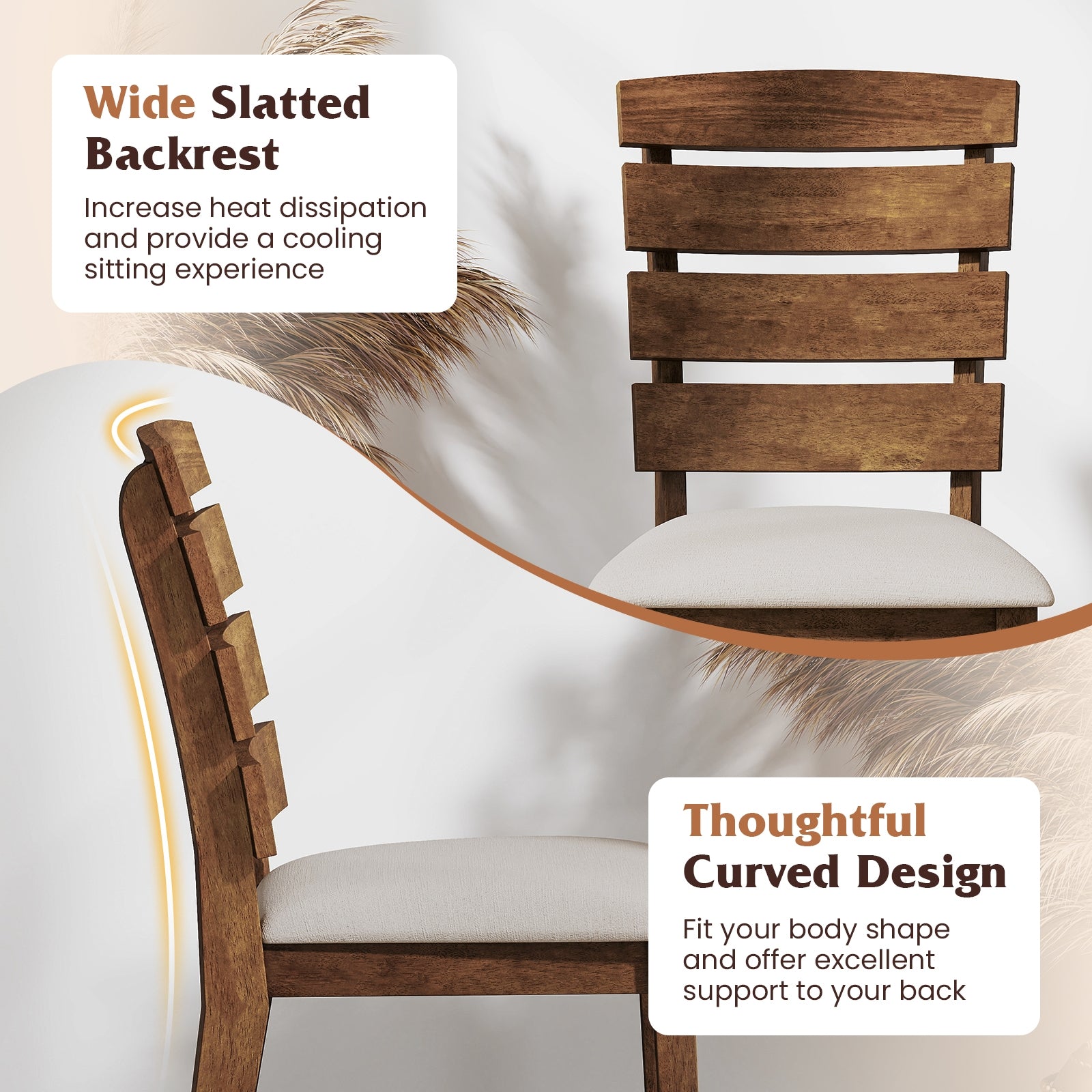 Dining Chair Set of 2 with Slatted High Backrest and Rubber Wood Legs, Brown Dining Chairs at Gallery Canada