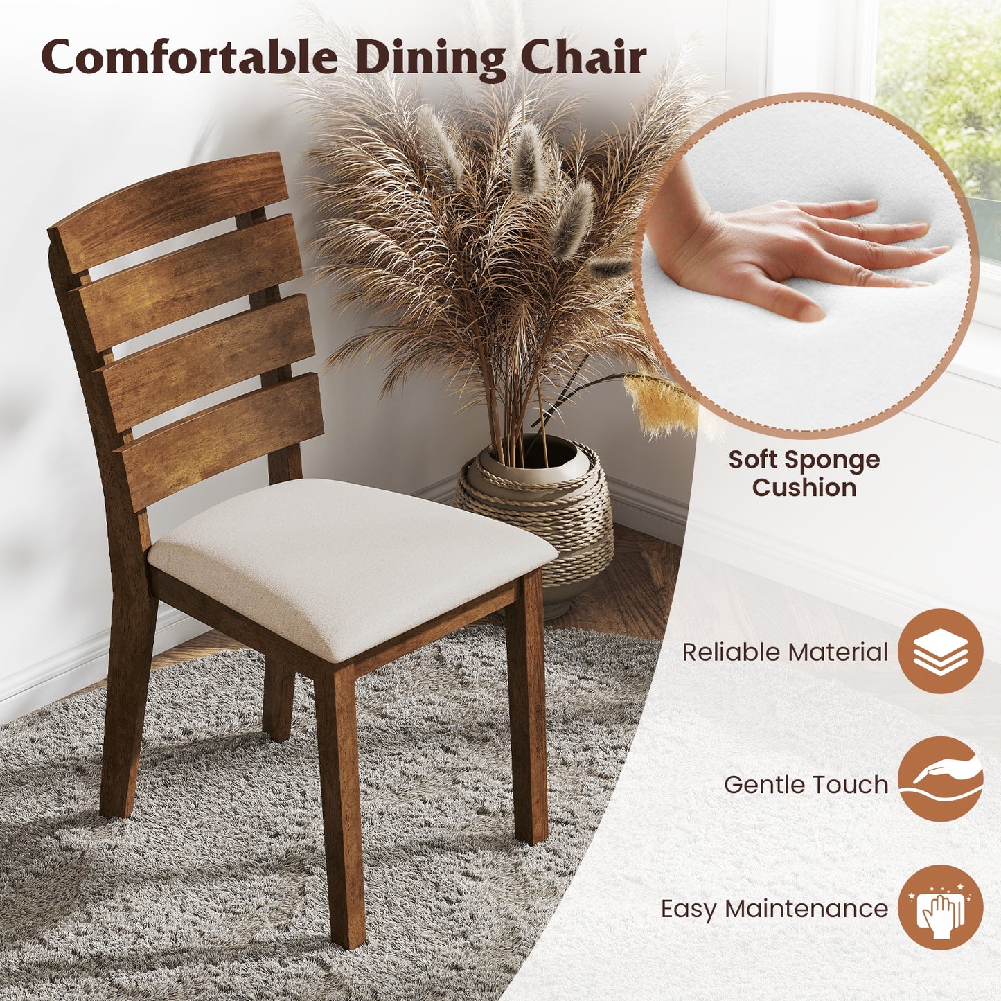 Dining Chair Set of 2 with Slatted High Backrest and Rubber Wood Legs, Brown Dining Chairs at Gallery Canada