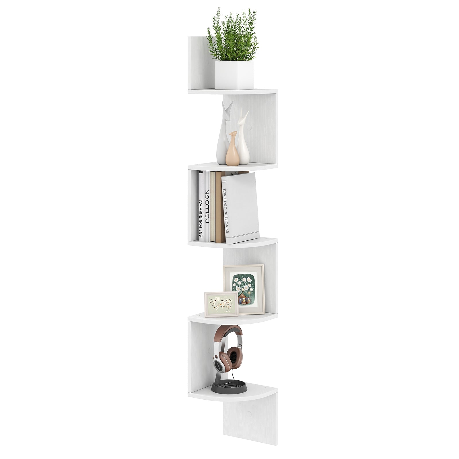 5-Tier Corner Shelf Floating Bookshelf Wall Mounted Storage Organizer, White Bookcases White at Gallery Canada