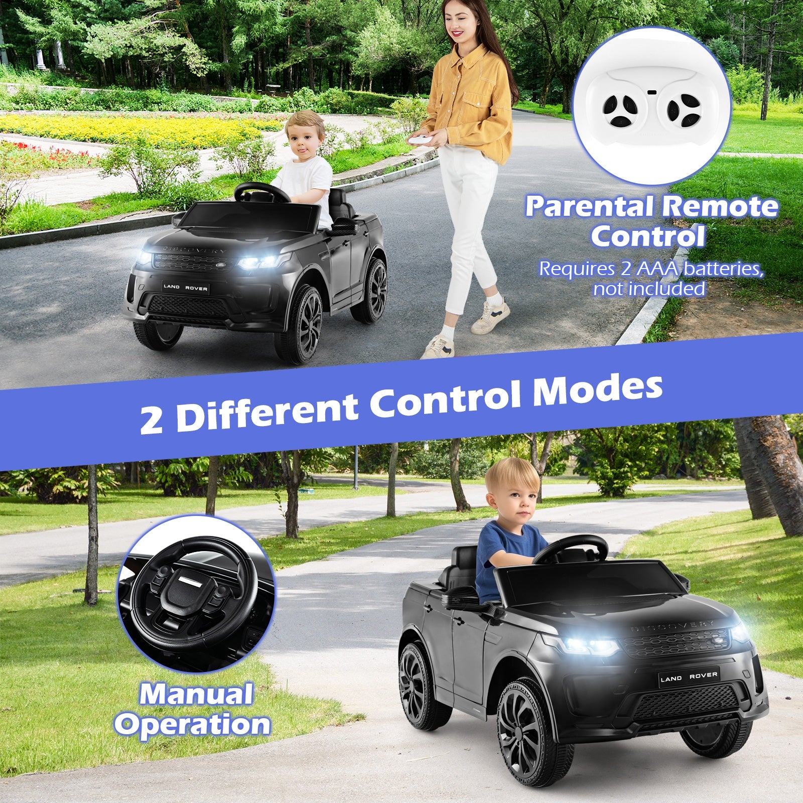 12V Kids Ride On Car with Remote Control Lockable Doors Slow Start System and LED Lights, Black Powered Ride On Toys at Gallery Canada