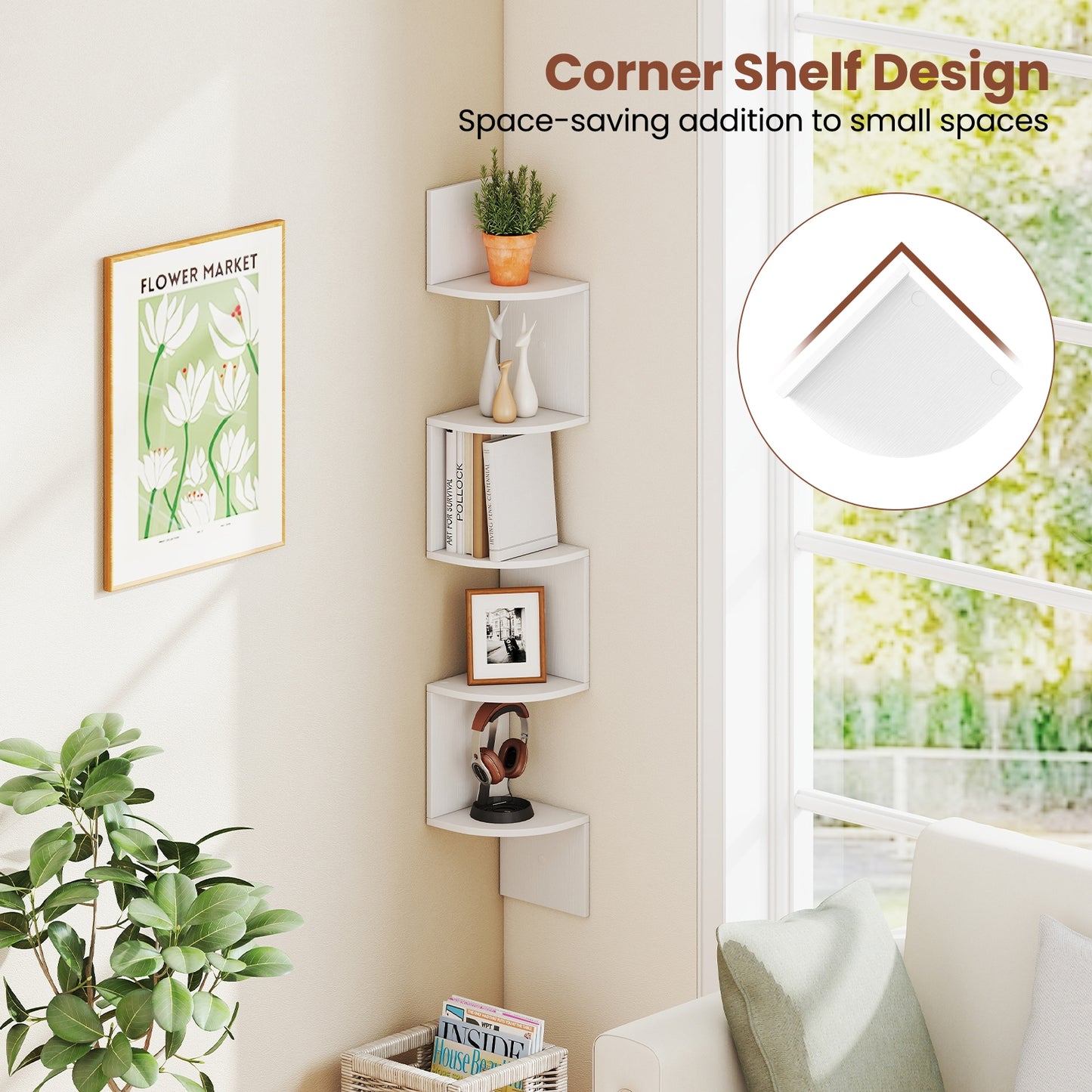5-Tier Corner Shelf Floating Bookshelf Wall Mounted Storage Organizer, White Bookcases at Gallery Canada