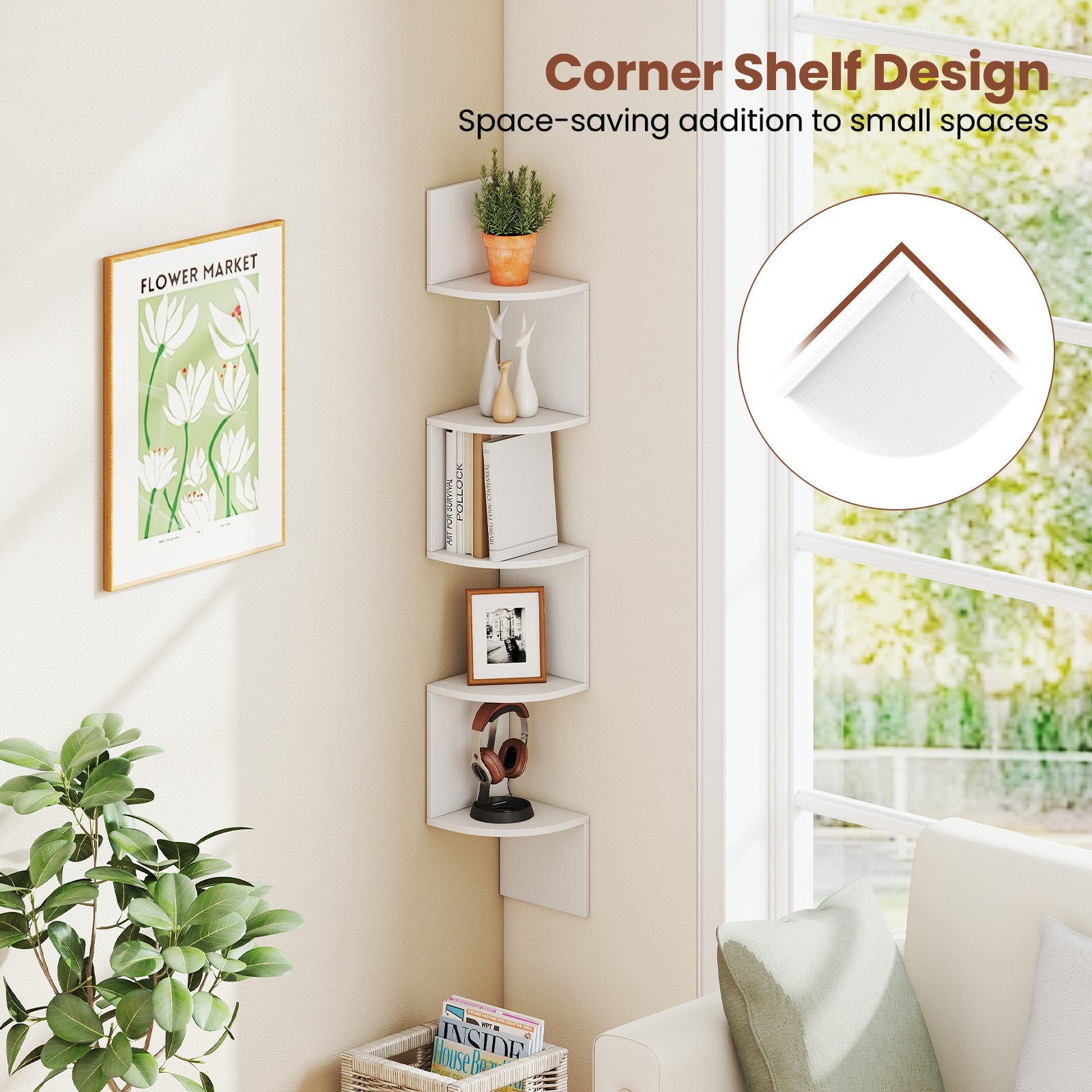 5-Tier Corner Shelf Floating Bookshelf Wall Mounted Storage Organizer, White Bookcases at Gallery Canada