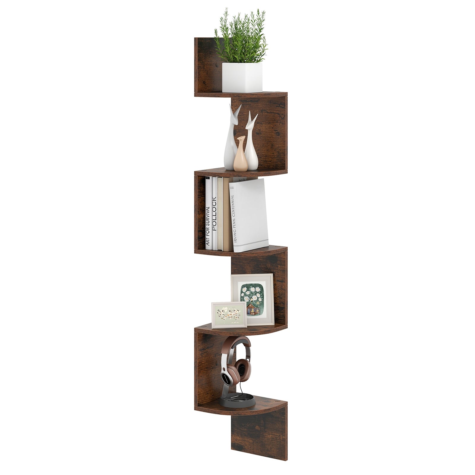 5-Tier Corner Shelf Floating Bookshelf Wall Mounted Storage Organizer, Rustic Brown Bookcases at Gallery Canada