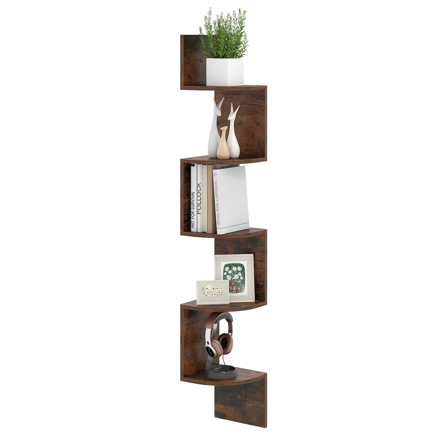 5-Tier Corner Shelf Floating Bookshelf Wall Mounted Storage Organizer, Rustic Brown Bookcases at Gallery Canada