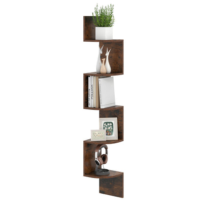 5-Tier Corner Shelf Floating Bookshelf Wall Mounted Storage Organizer, Rustic Brown Bookcases at Gallery Canada