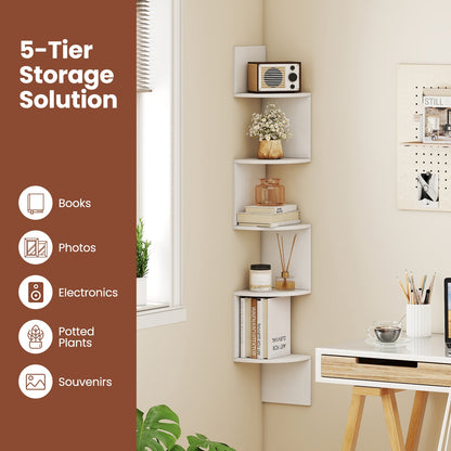 5-Tier Corner Shelf Floating Bookshelf Wall Mounted Storage Organizer, White Bookcases at Gallery Canada