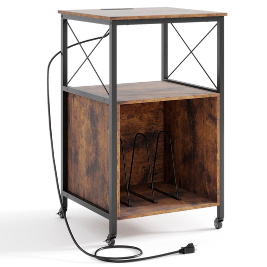 Mobile Record Player Stand With Power Outlet, Open Shelf, Dividers, Rustic Brown End & Side Tables Rustic Brown at Gallery Canada