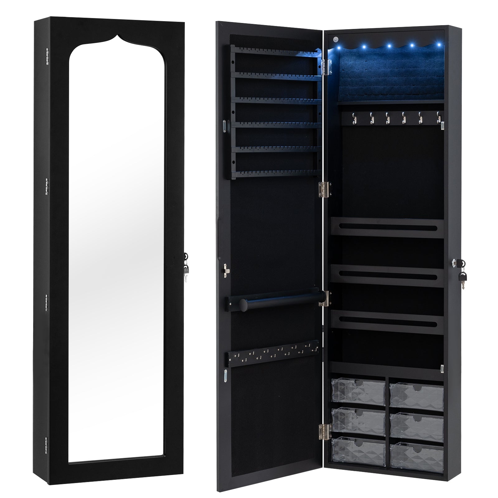 Door Hanging Mirror Jewelry Armoire with Full Length Mirror and 6 Drawers, Black Jewelry Armoires at Gallery Canada