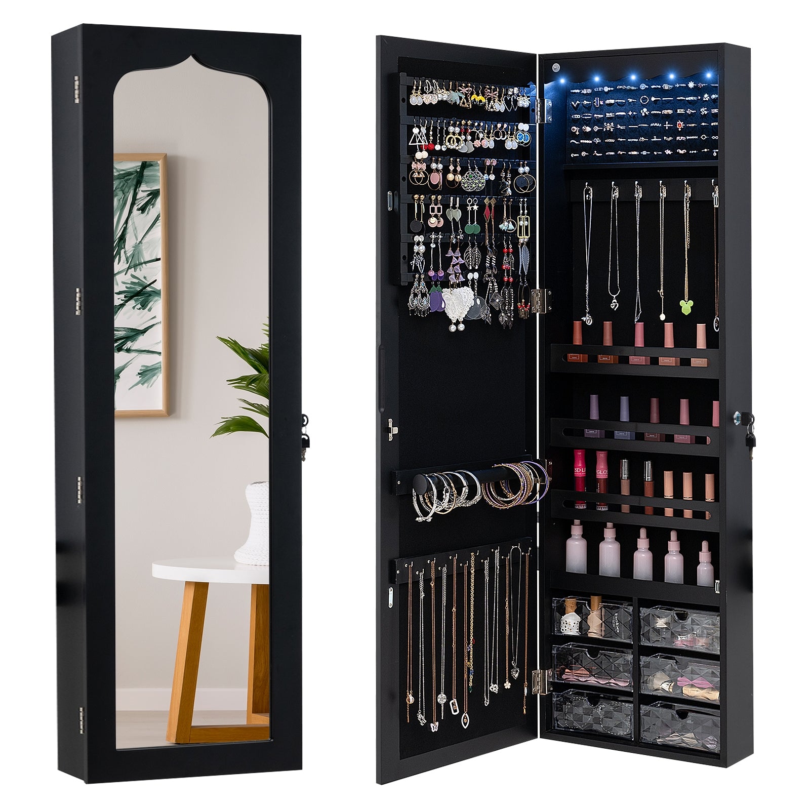 Door Hanging Mirror Jewelry Armoire with Full Length Mirror and 6 Drawers, Black Jewelry Armoires at Gallery Canada