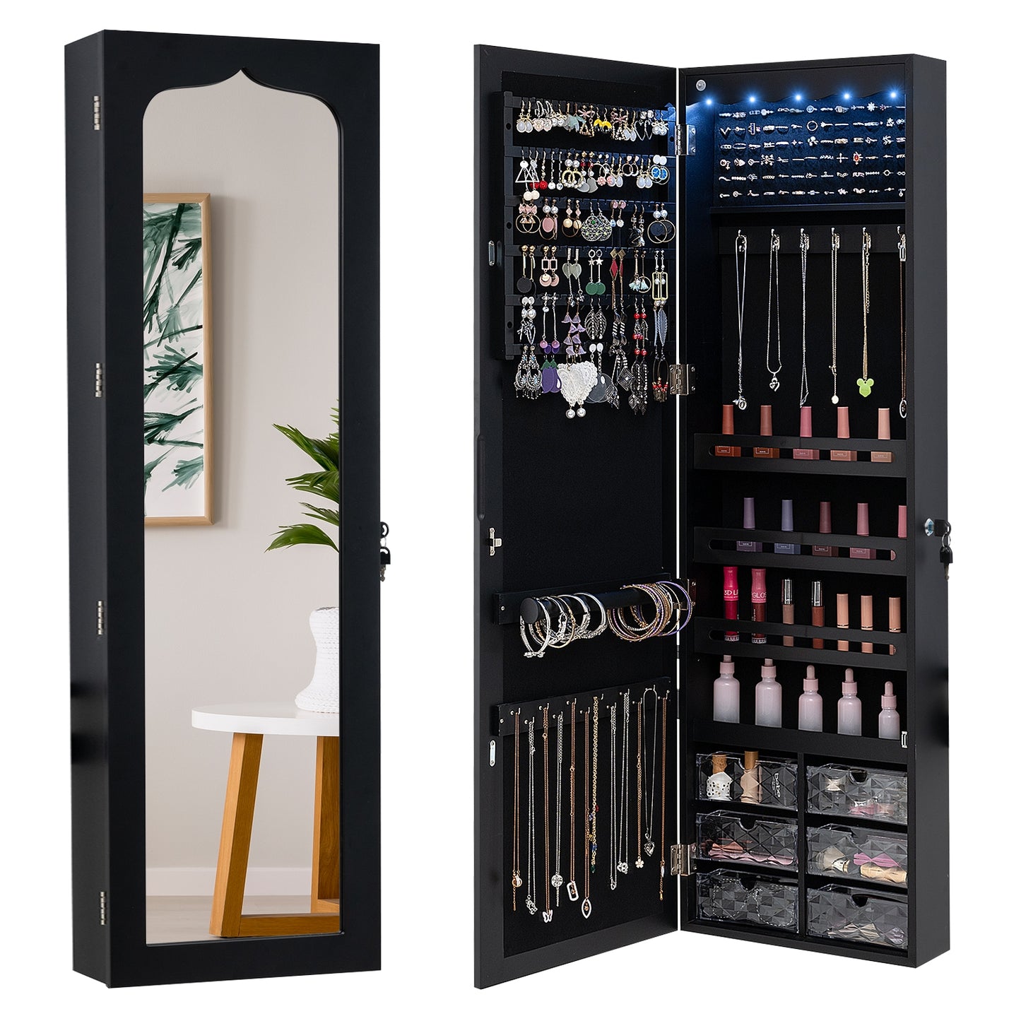 Door Hanging Mirror Jewelry Armoire with Full Length Mirror and 6 Drawers, Black Jewelry Armoires at Gallery Canada