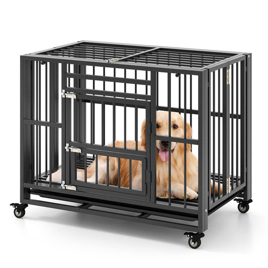 Foldable Heavy-Duty Metal Dog Cage Chew-proof Dog Crate with Lockable Universal Wheels, Black