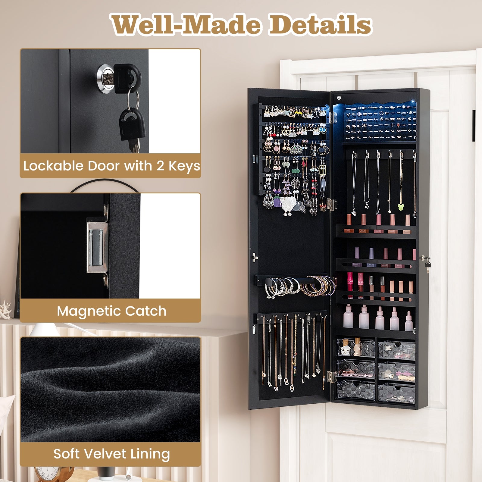Door Hanging Mirror Jewelry Armoire with Full Length Mirror and 6 Drawers, Black Jewelry Armoires at Gallery Canada