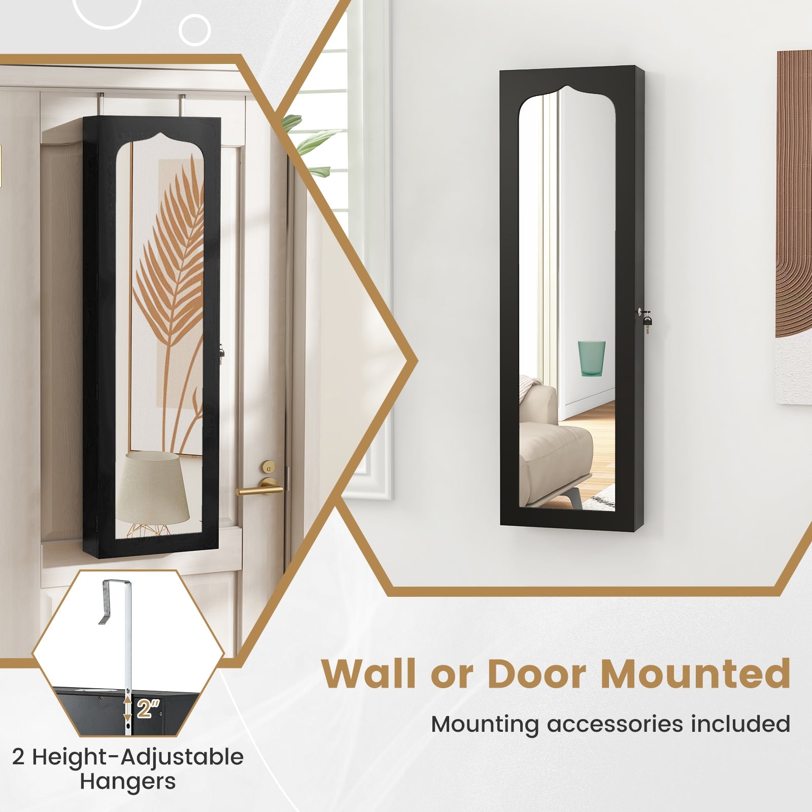 Door Hanging Mirror Jewelry Armoire with Full Length Mirror and 6 Drawers, Black Jewelry Armoires at Gallery Canada