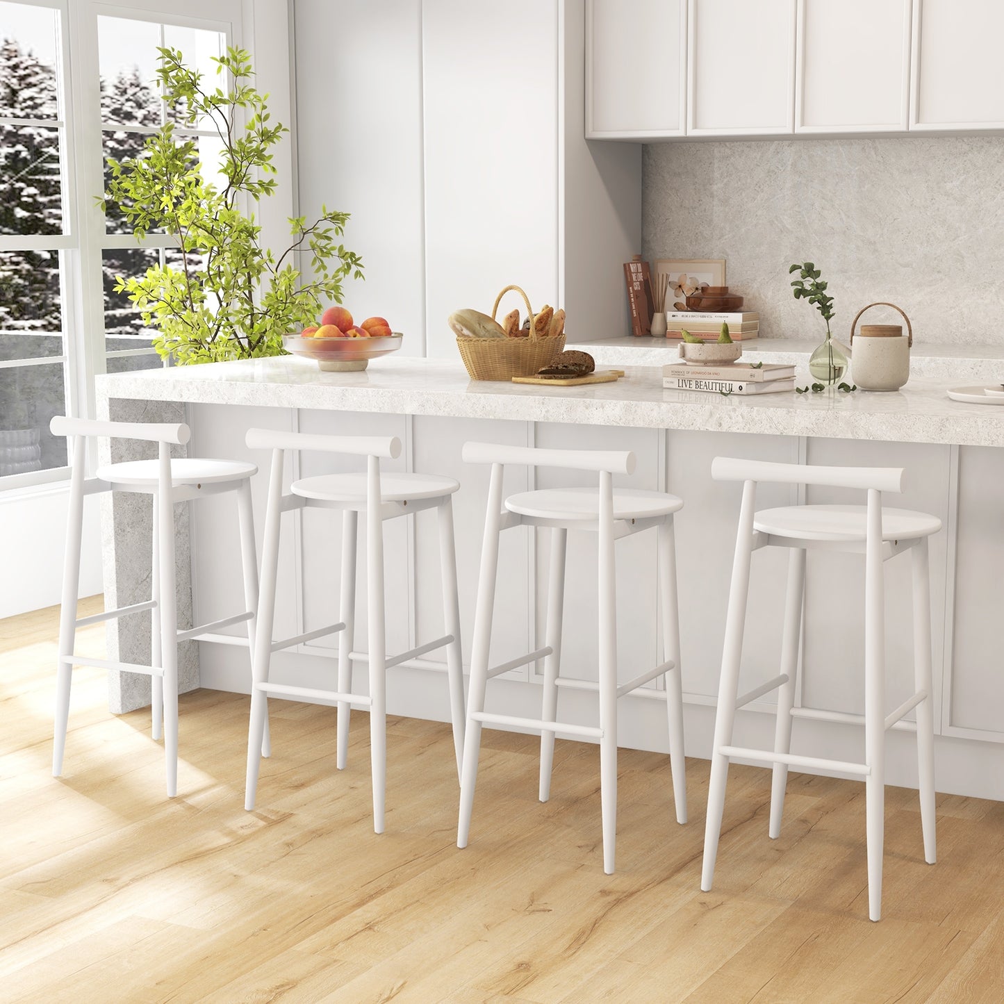 Wooden Bar Chair Set of 2 with Backrest and Footrest for Home Restaurant Cafe, White Bar Stools at Gallery Canada