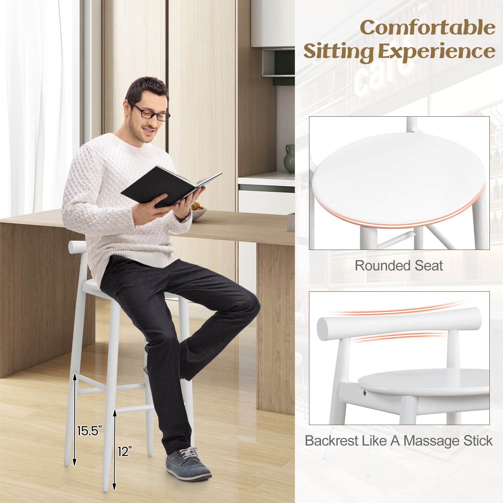 Wooden Bar Chair Set of 2 with Backrest and Footrest for Home Restaurant Cafe, White Bar Stools at Gallery Canada