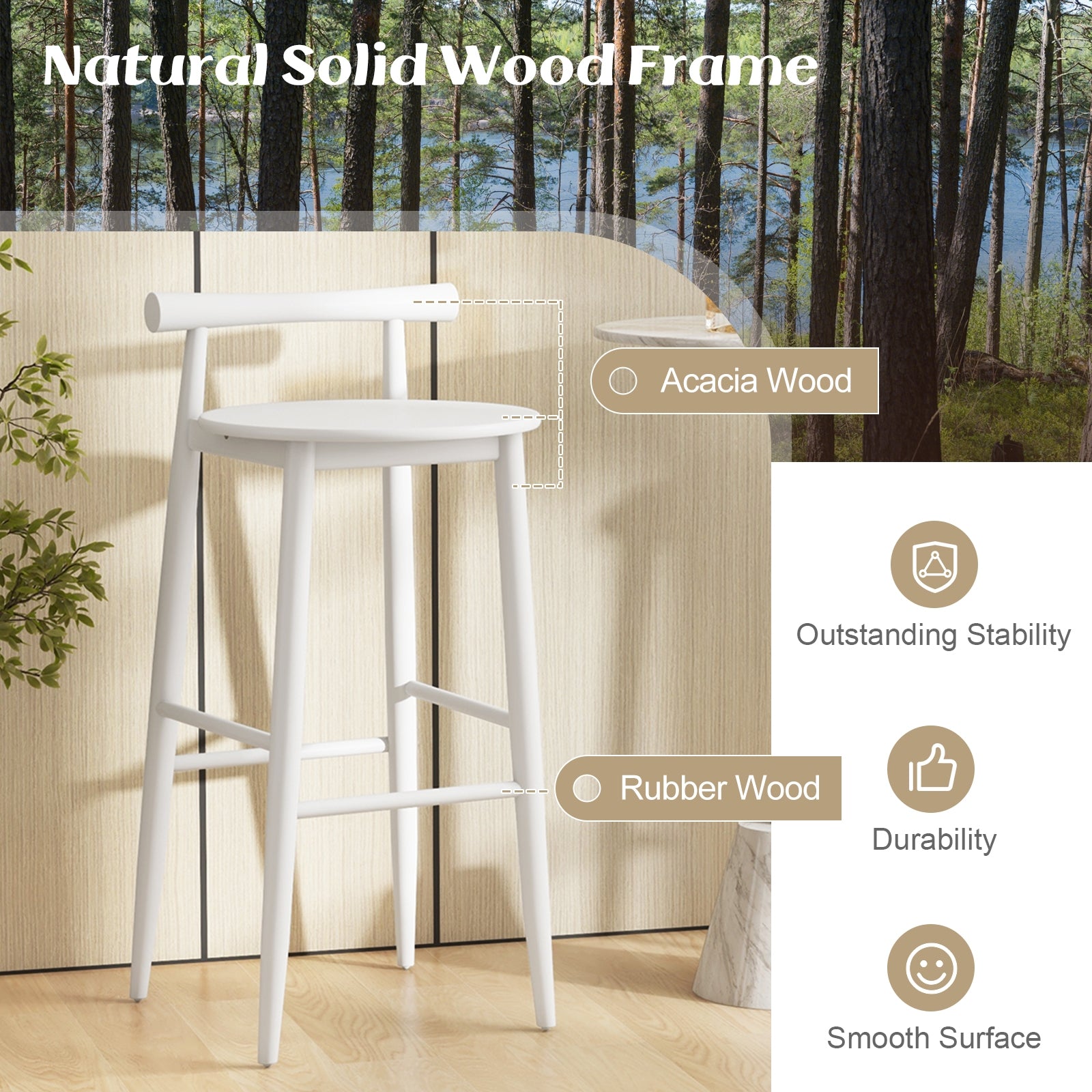 Wooden Bar Chair Set of 2 with Backrest and Footrest for Home Restaurant Cafe, White Bar Stools at Gallery Canada