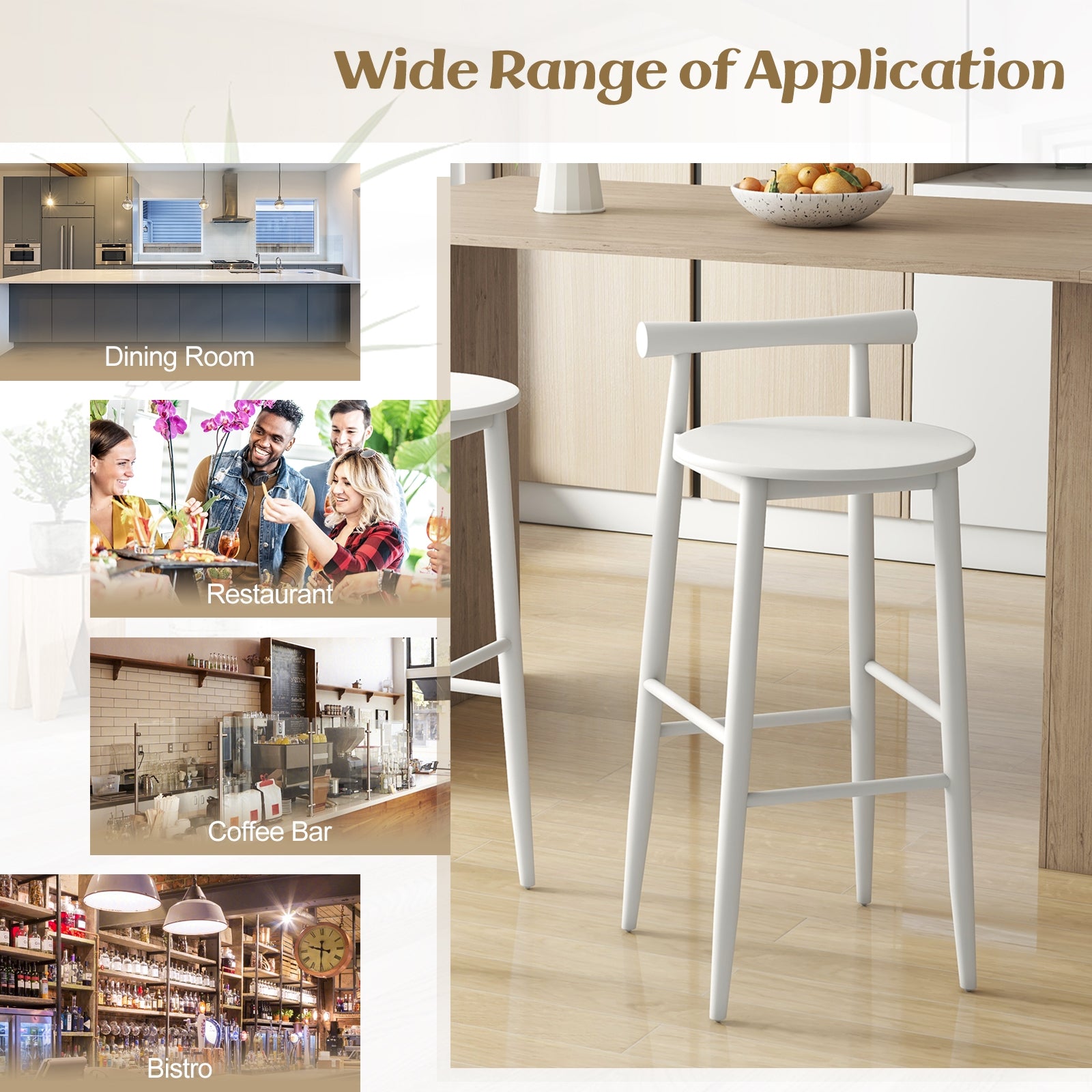 Wooden Bar Chair Set of 2 with Backrest and Footrest for Home Restaurant Cafe, White Bar Stools at Gallery Canada