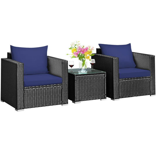 3 Pieces Patio Wicker Furniture Set with Cushion, Navy - Gallery Canada