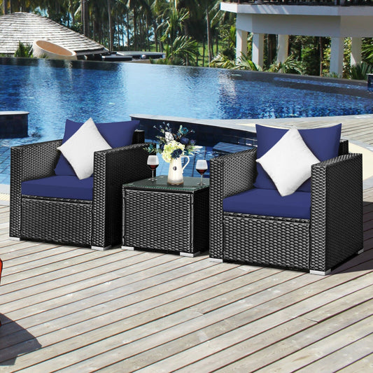 3 Pieces Patio Wicker Furniture Set with Cushion, Navy - Gallery Canada