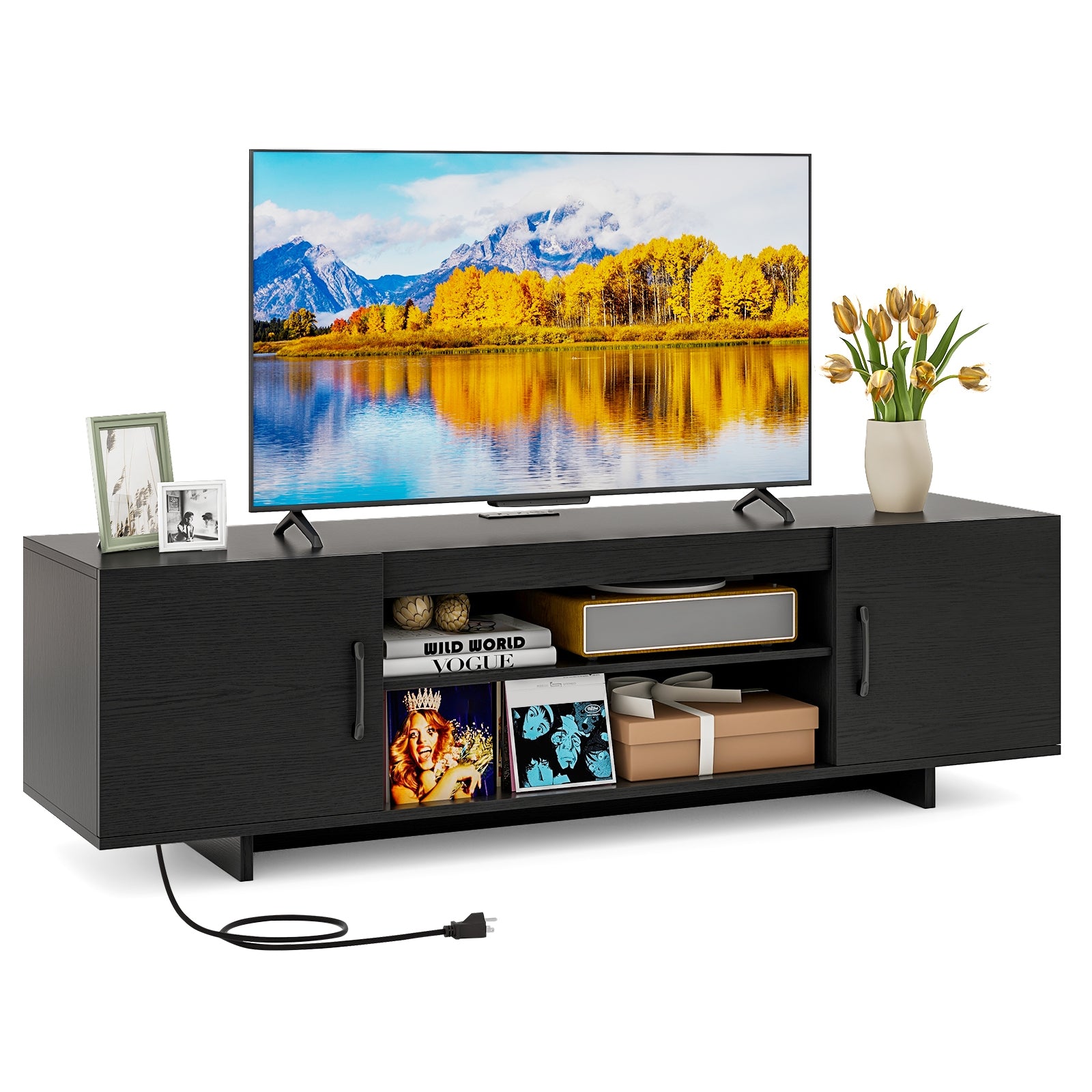 TV Stand with Power Outlet and 2 Cable Holes for 65 Inch TVs, Black Entertainment Centers & TV Stands at Gallery Canada