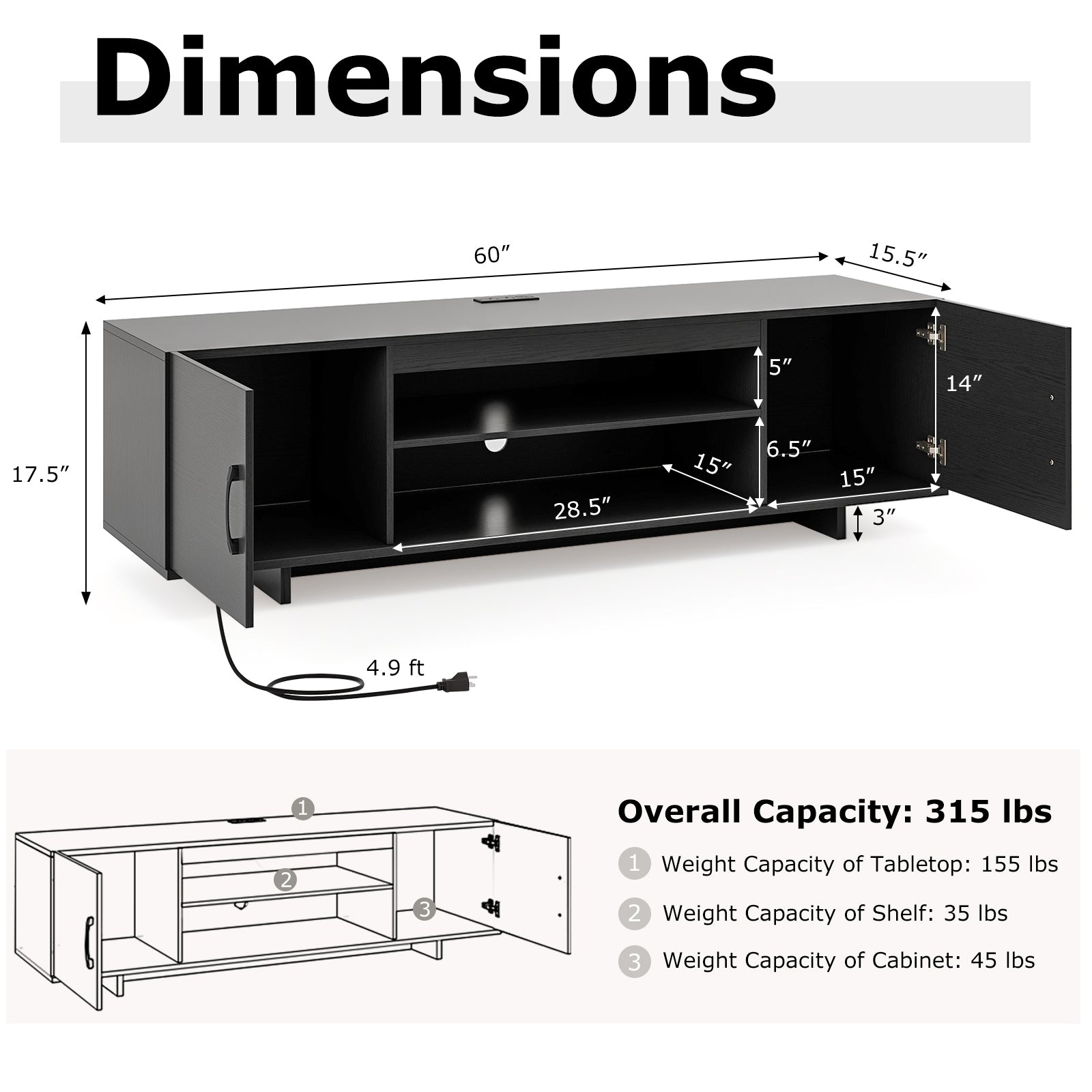 TV Stand with Power Outlet and 2 Cable Holes for 65 Inch TVs, Black Entertainment Centers & TV Stands at Gallery Canada