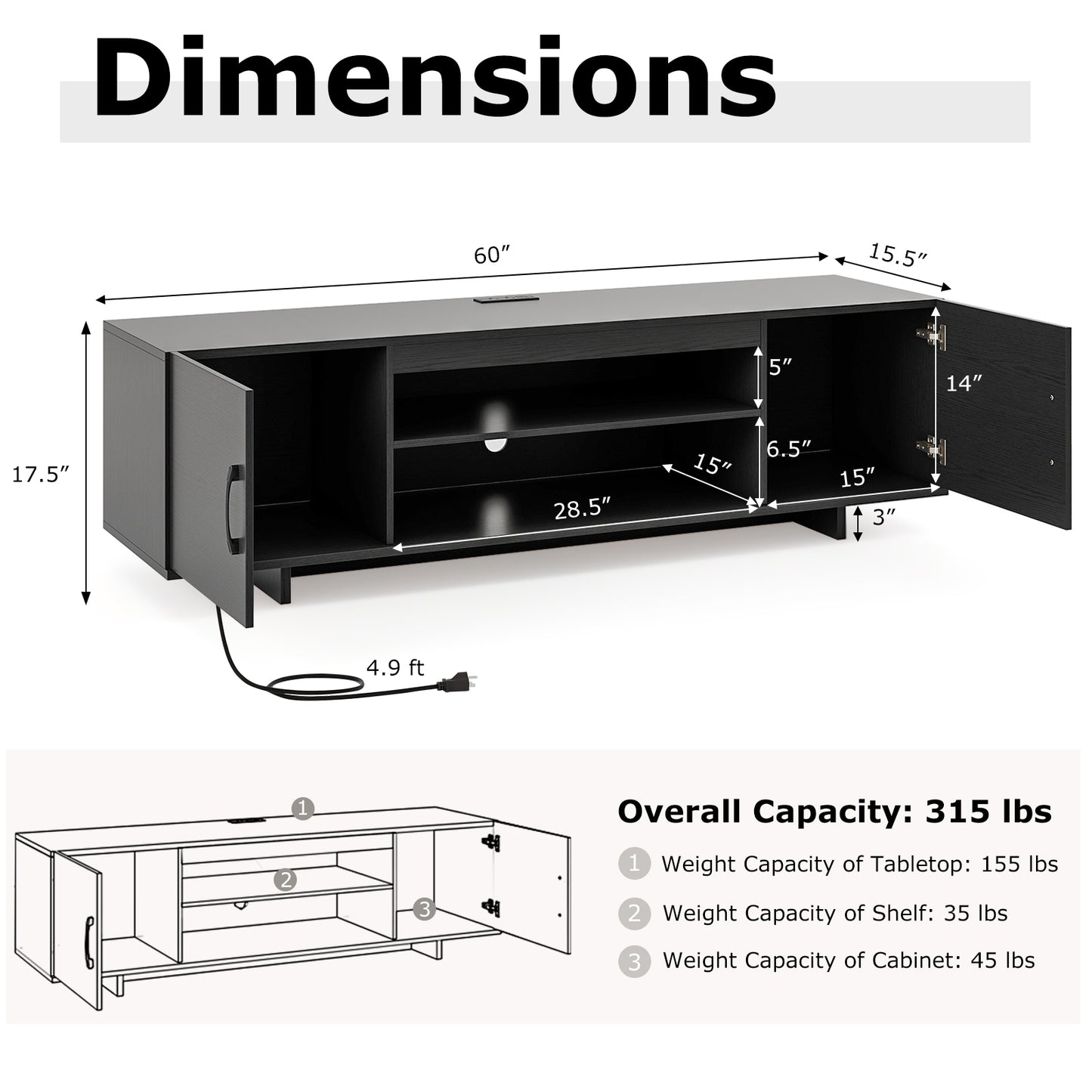 TV Stand with Power Outlet and 2 Cable Holes for 65 Inch TVs, Black Entertainment Centers & TV Stands at Gallery Canada