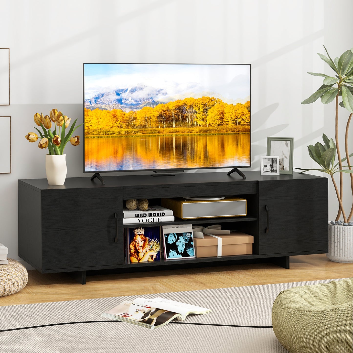 TV Stand with Power Outlet and 2 Cable Holes for 65 Inch TVs, Black Entertainment Centers & TV Stands at Gallery Canada