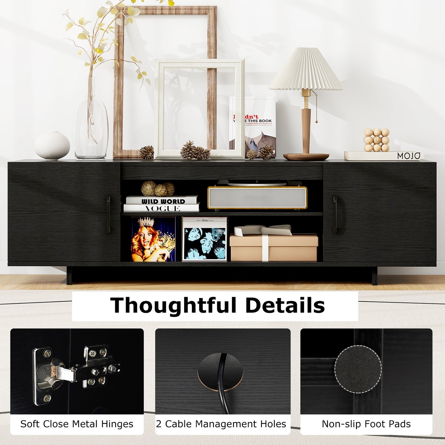 TV Stand with Power Outlet and 2 Cable Holes for 65 Inch TVs, Black Entertainment Centers & TV Stands at Gallery Canada