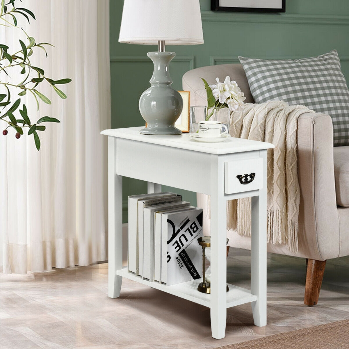 2 Tier End Bedside Sofa Side Table Narrow Nightstand, White End & Side Tables at Gallery Canada
