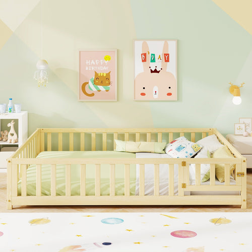 Montessori Bed Frame with Full-length Guardrails Safety Door and Latch, Natural