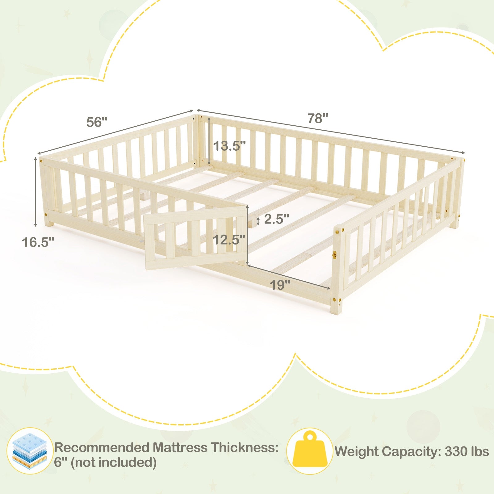 Montessori Bed Frame with Full-length Guardrails Safety Door and Latch, Natural Toddler Beds at Gallery Canada