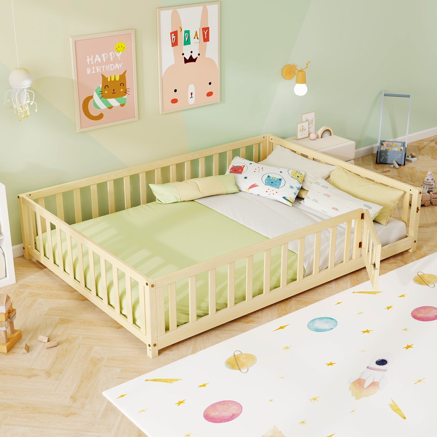 Montessori Bed Frame with Full-length Guardrails Safety Door and Latch, Natural Toddler Beds at Gallery Canada