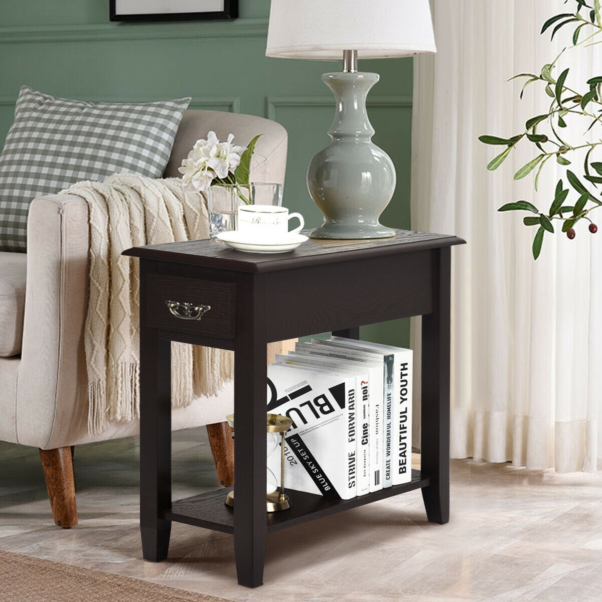2 Tier End Bedside Sofa Side Table, Narrow Nightstand, Espresso End & Side Tables at Gallery Canada