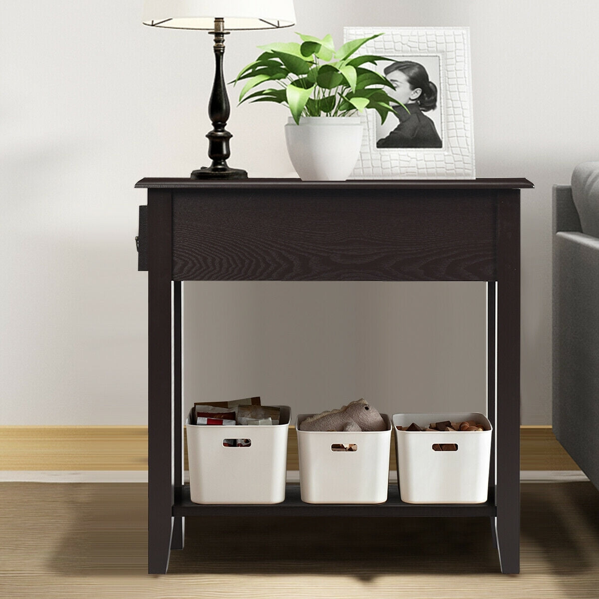 2 Tier End Bedside Sofa Side Table, Narrow Nightstand, Espresso End & Side Tables at Gallery Canada