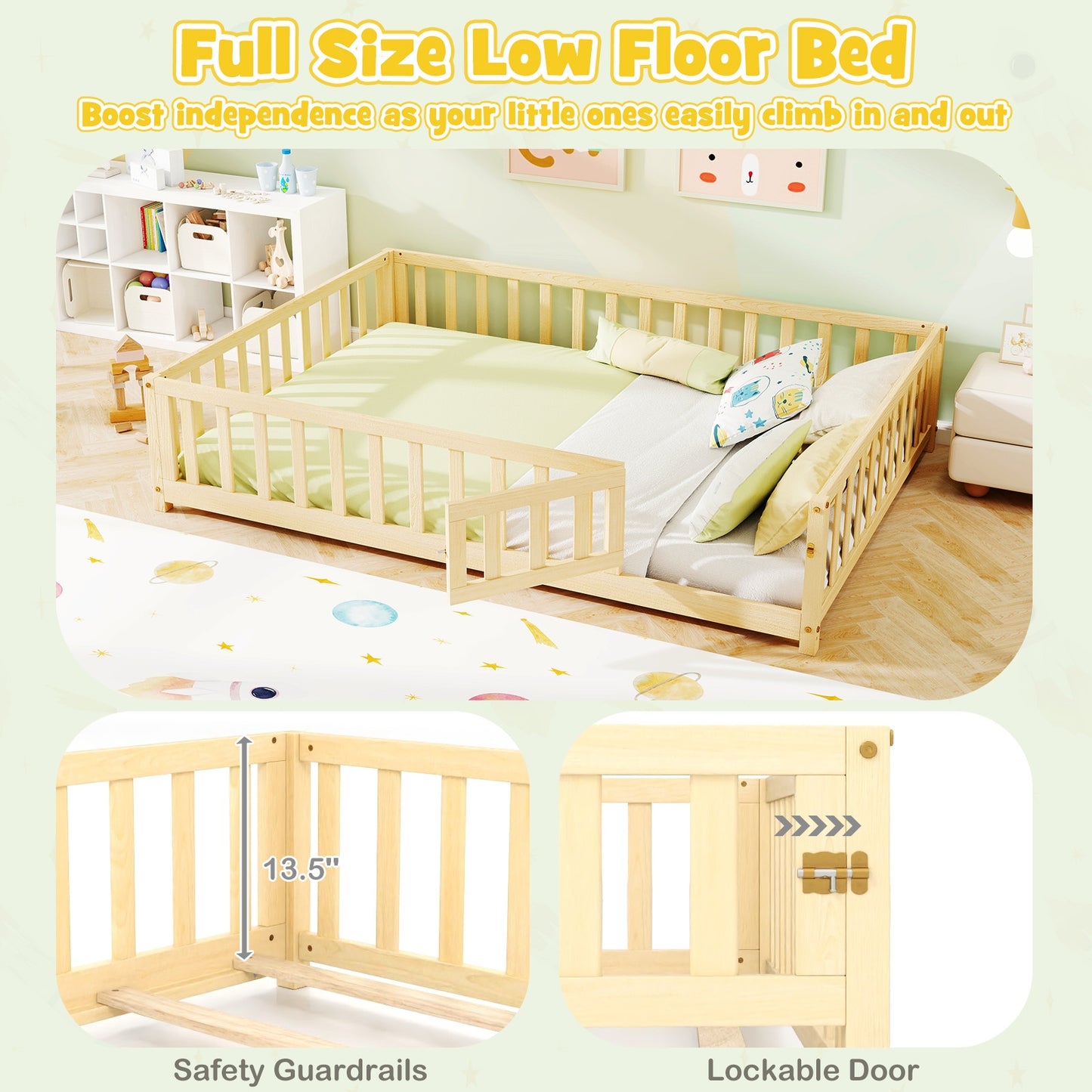 Montessori Bed Frame with Full-length Guardrails Safety Door and Latch, Natural Toddler Beds at Gallery Canada