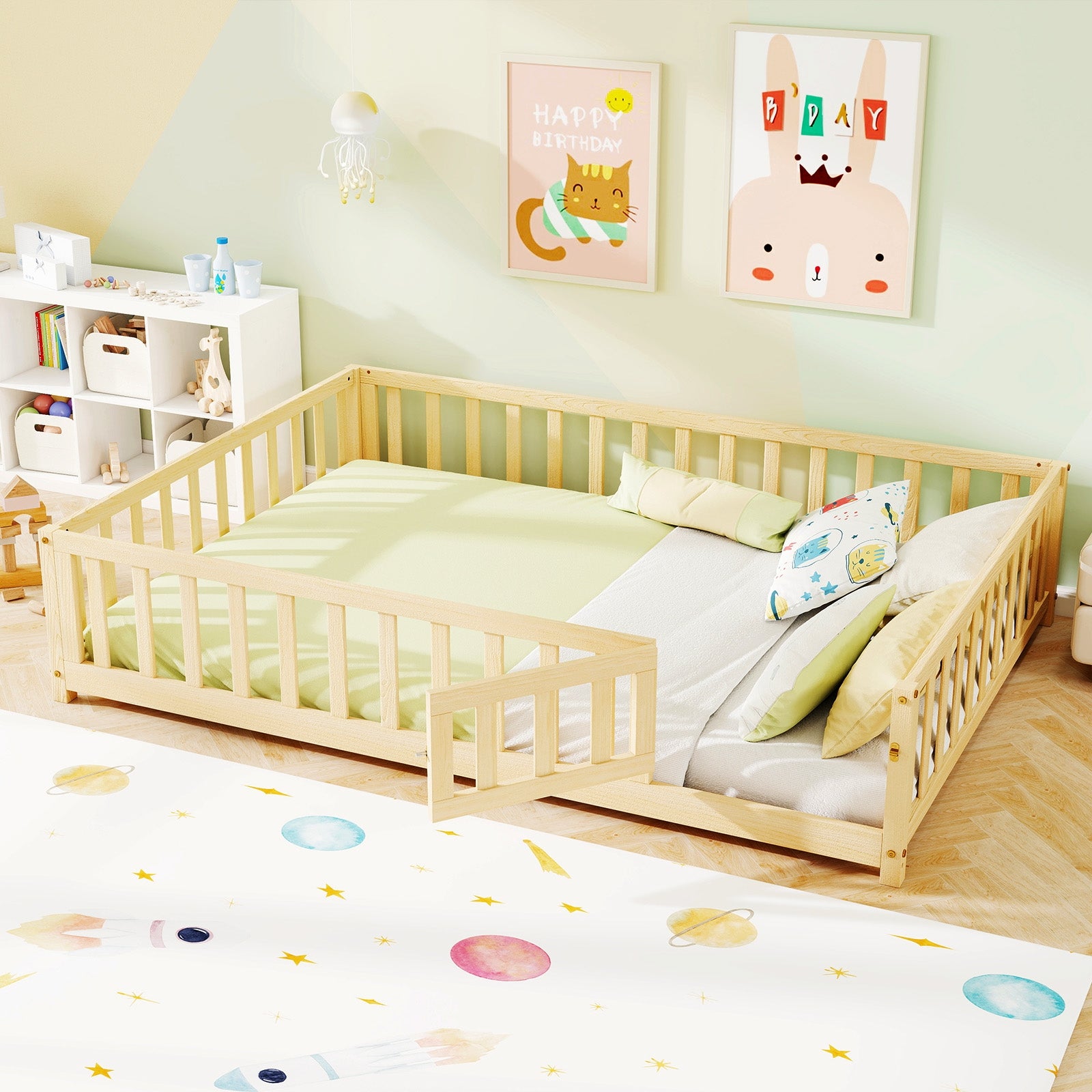 Montessori Bed Frame with Full-length Guardrails Safety Door and Latch, Natural Toddler Beds at Gallery Canada