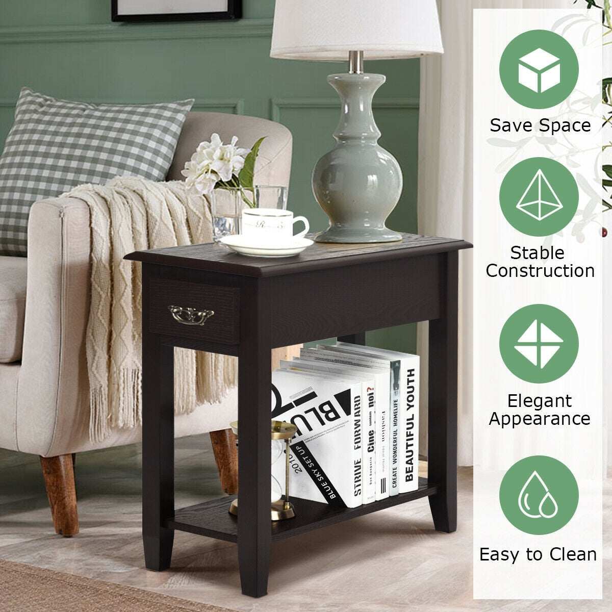 2 Tier End Bedside Sofa Side Table, Narrow Nightstand, Espresso End & Side Tables at Gallery Canada