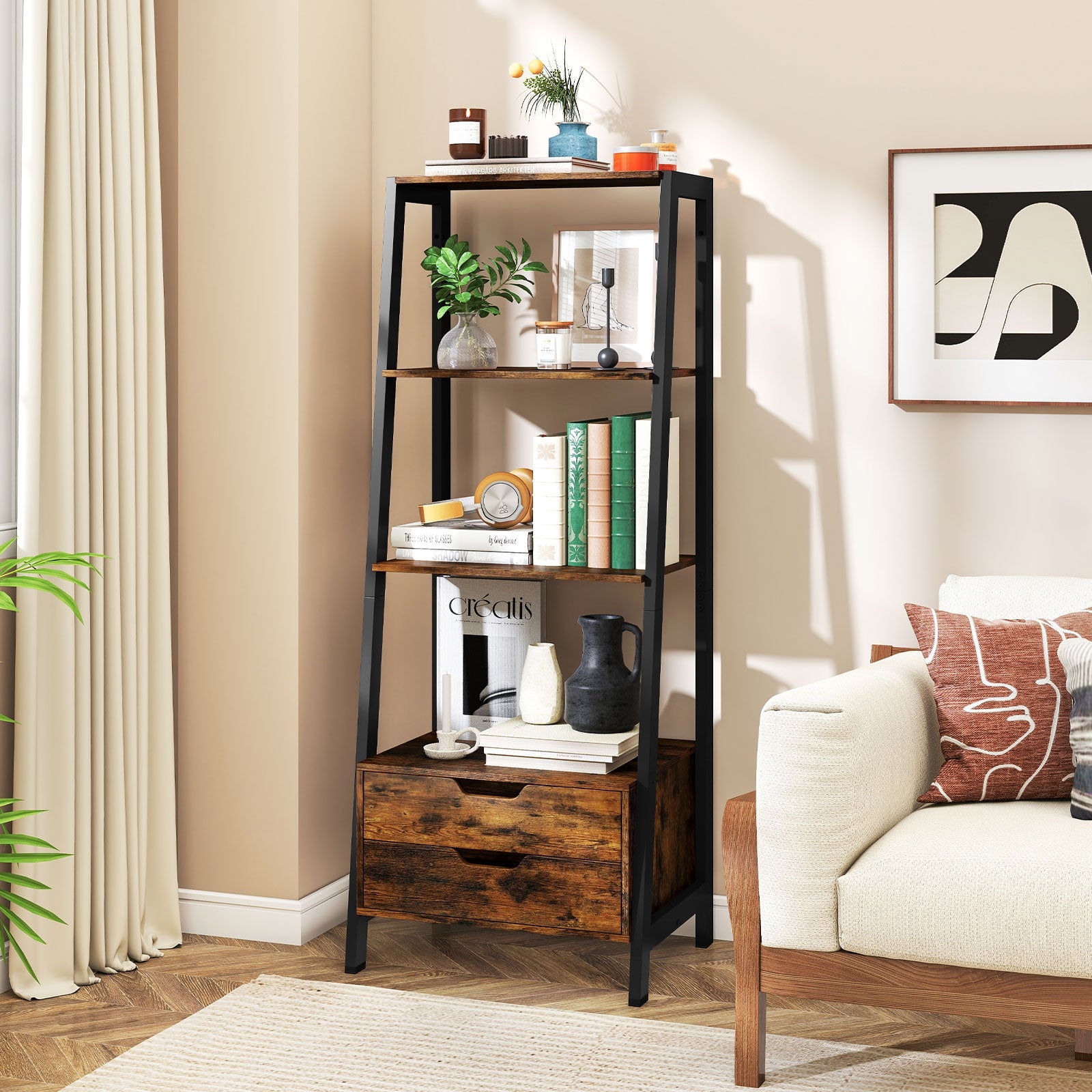 4-Tier Ladder Shelf with 2 Drawers 52.5 Inch Tall Freestanding Bookcase, Rustic Brown Bookcases at Gallery Canada