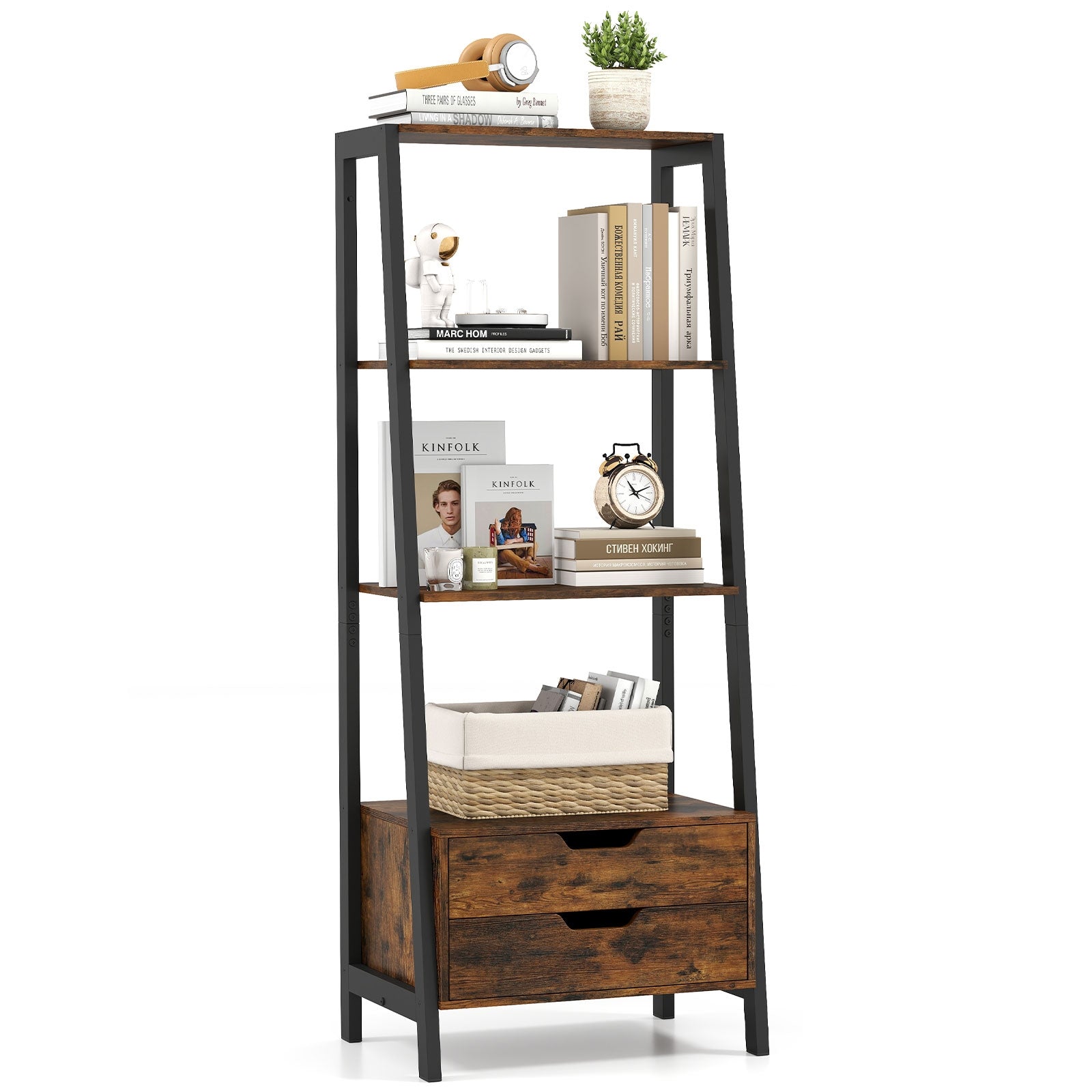 4-Tier Ladder Shelf with 2 Drawers 52.5 Inch Tall Freestanding Bookcase, Rustic Brown Bookcases at Gallery Canada