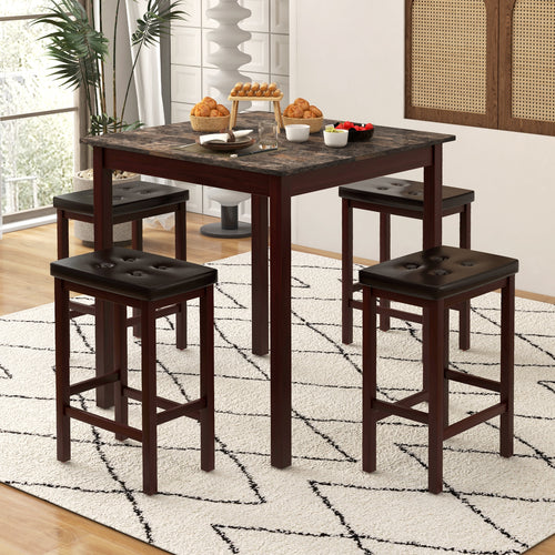 5 Pieces Bar Table Set Counter-Height Dining Table and 4 Bar Stools, Brown