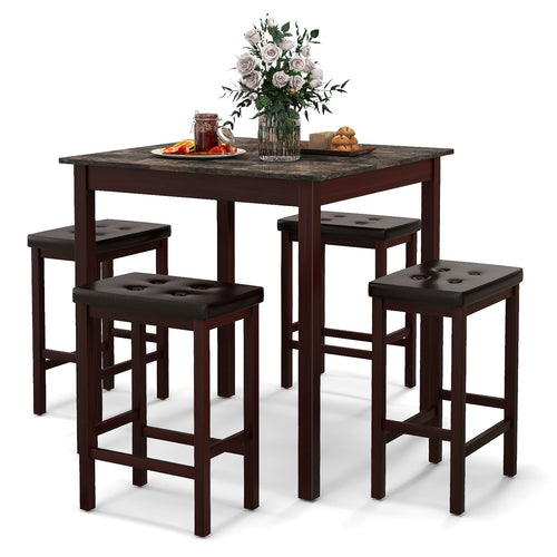 5 Pieces Bar Table Set Counter-Height Dining Table and 4 Bar Stools, Brown