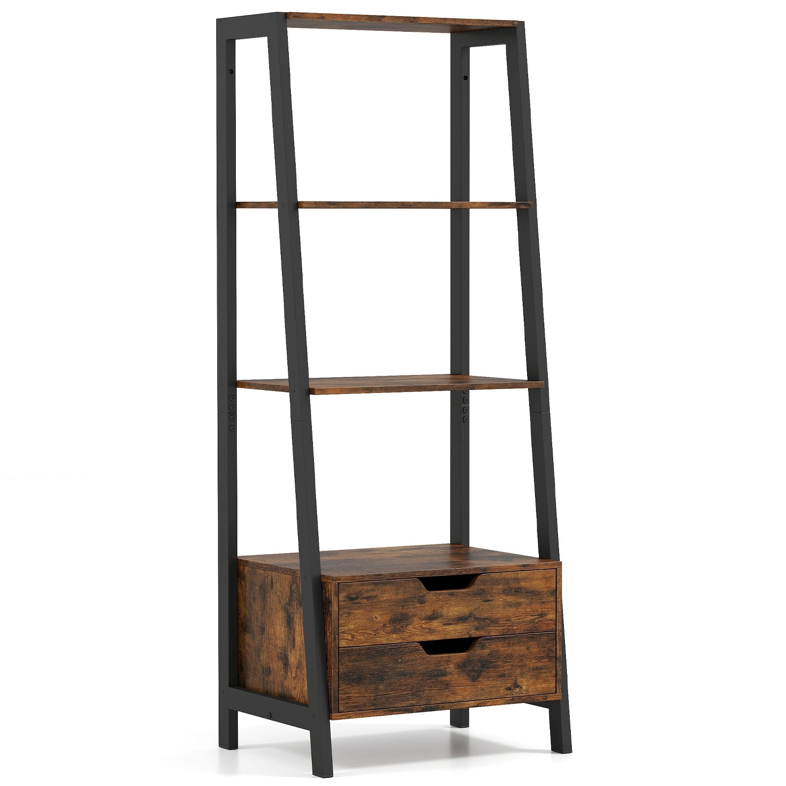 4-Tier Ladder Shelf with 2 Drawers 52.5 Inch Tall Freestanding Bookcase, Rustic Brown Bookcases at Gallery Canada